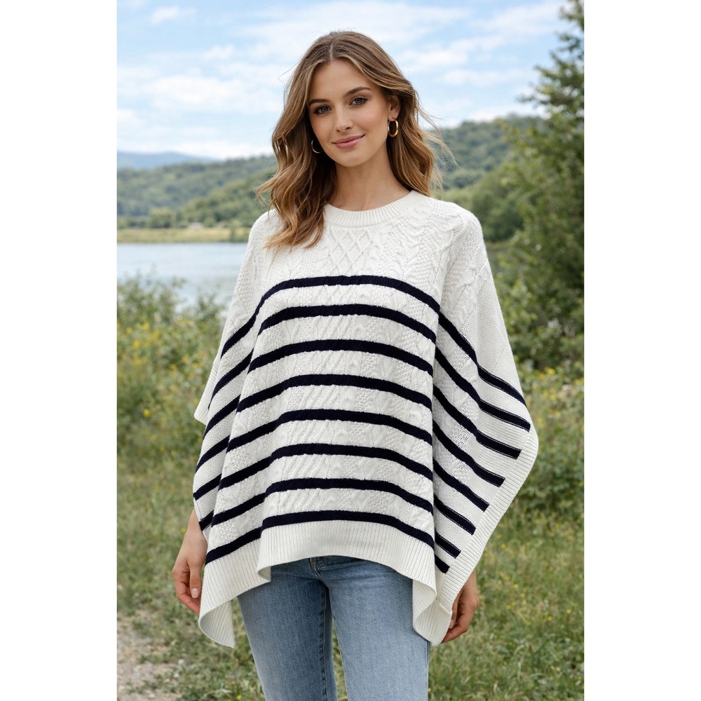 J.Crew Womens Ivory Navy Blue Striped Cable Knit Poncho Coastal Preppy Classic